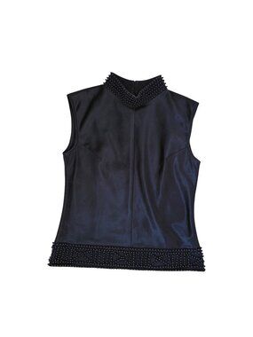 Calvin Tran Black Sleeveless Top Beaded Collar Hem Womens M